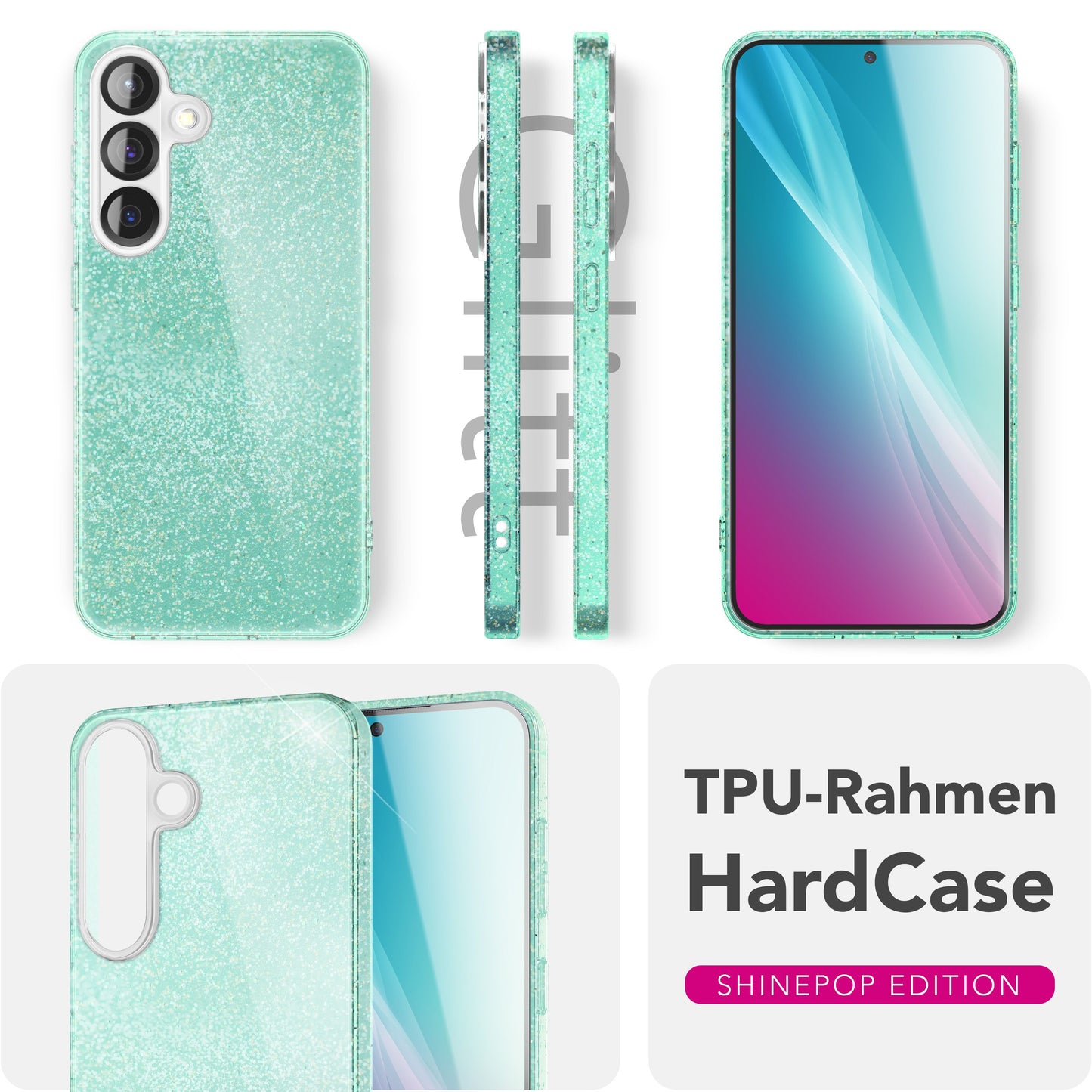 NALIA Glitzerhülle für Samsung Galaxy S25 – Funkelnder Glitzer-Look & Grip – SHINEPOP (Silikon Case) – Marke aus Berlin