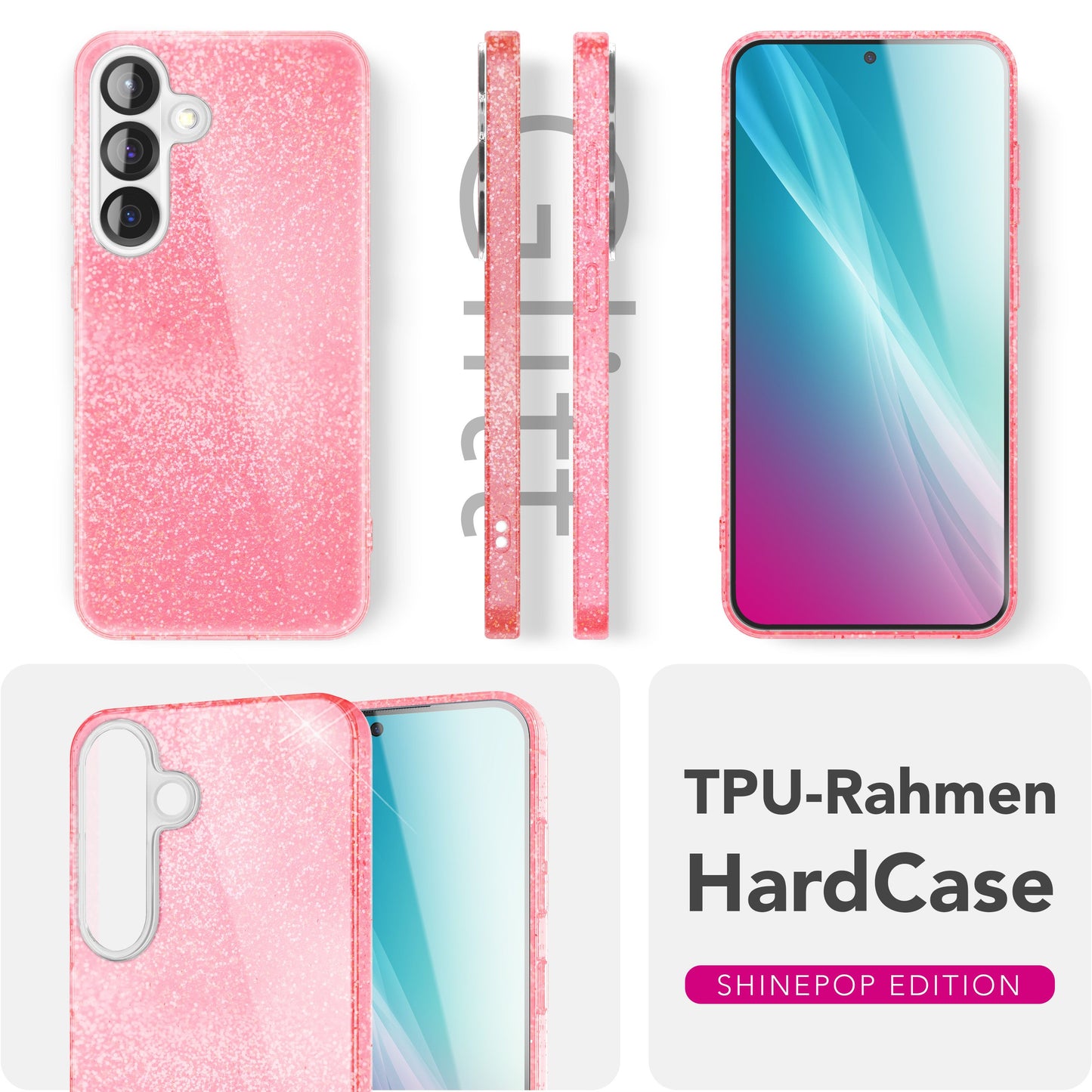 NALIA Glitzerhülle für Samsung Galaxy S25 – Funkelnder Glitzer-Look & Grip – SHINEPOP (Silikon Case) – Marke aus Berlin
