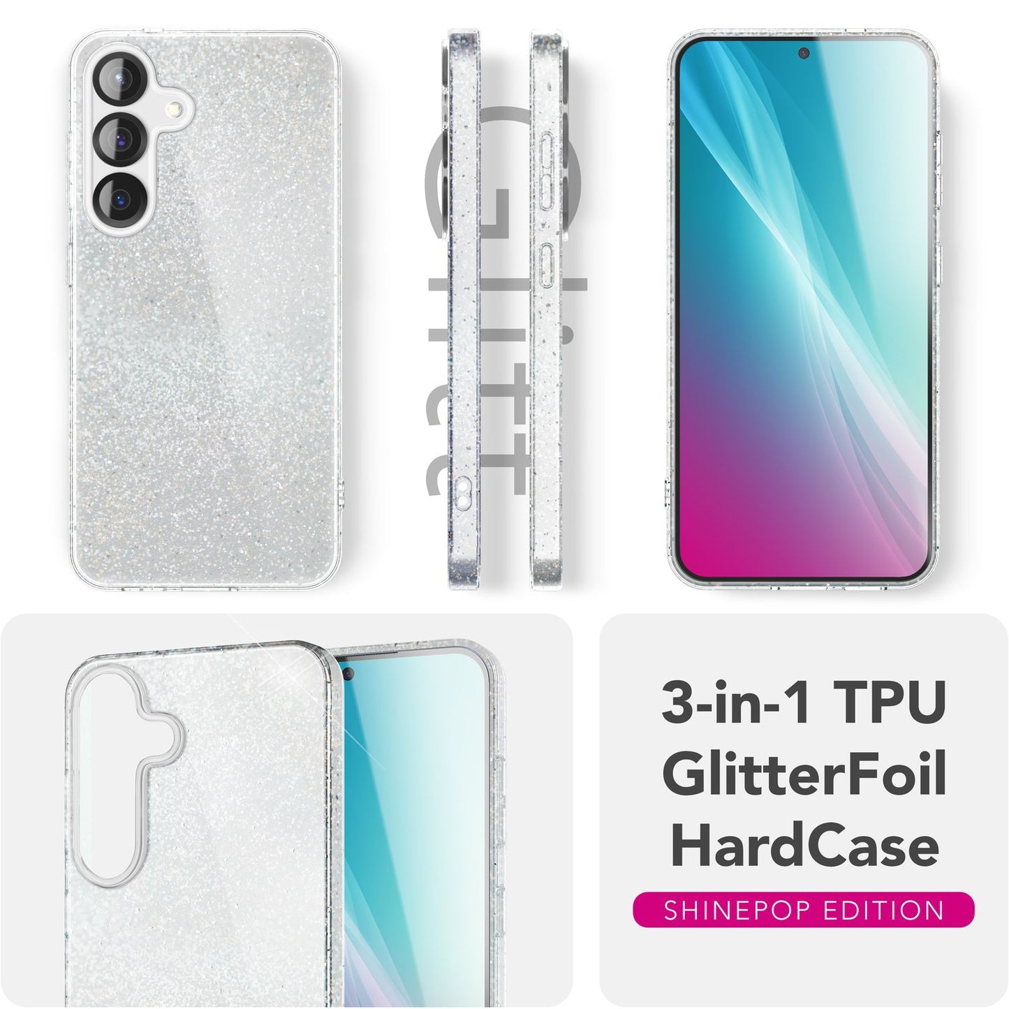 NALIA Glitzerhülle für Samsung Galaxy S25 – Funkelnder Glitzer-Look & Grip – SHINEPOP (Silikon Case) – Marke aus Berlin