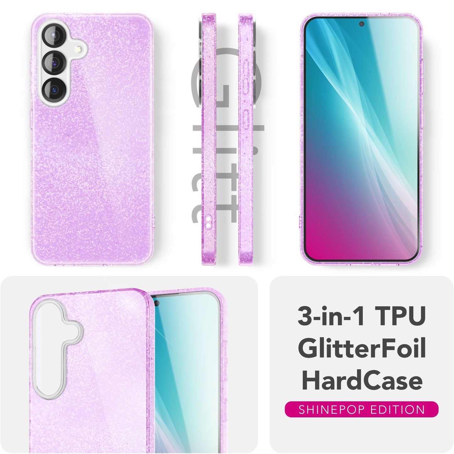 NALIA Glitzerhülle für Samsung Galaxy S25 Plus – Funkelnder Glitzer-Look & Grip – SHINEPOP (Silikon Case) – Marke aus Berlin