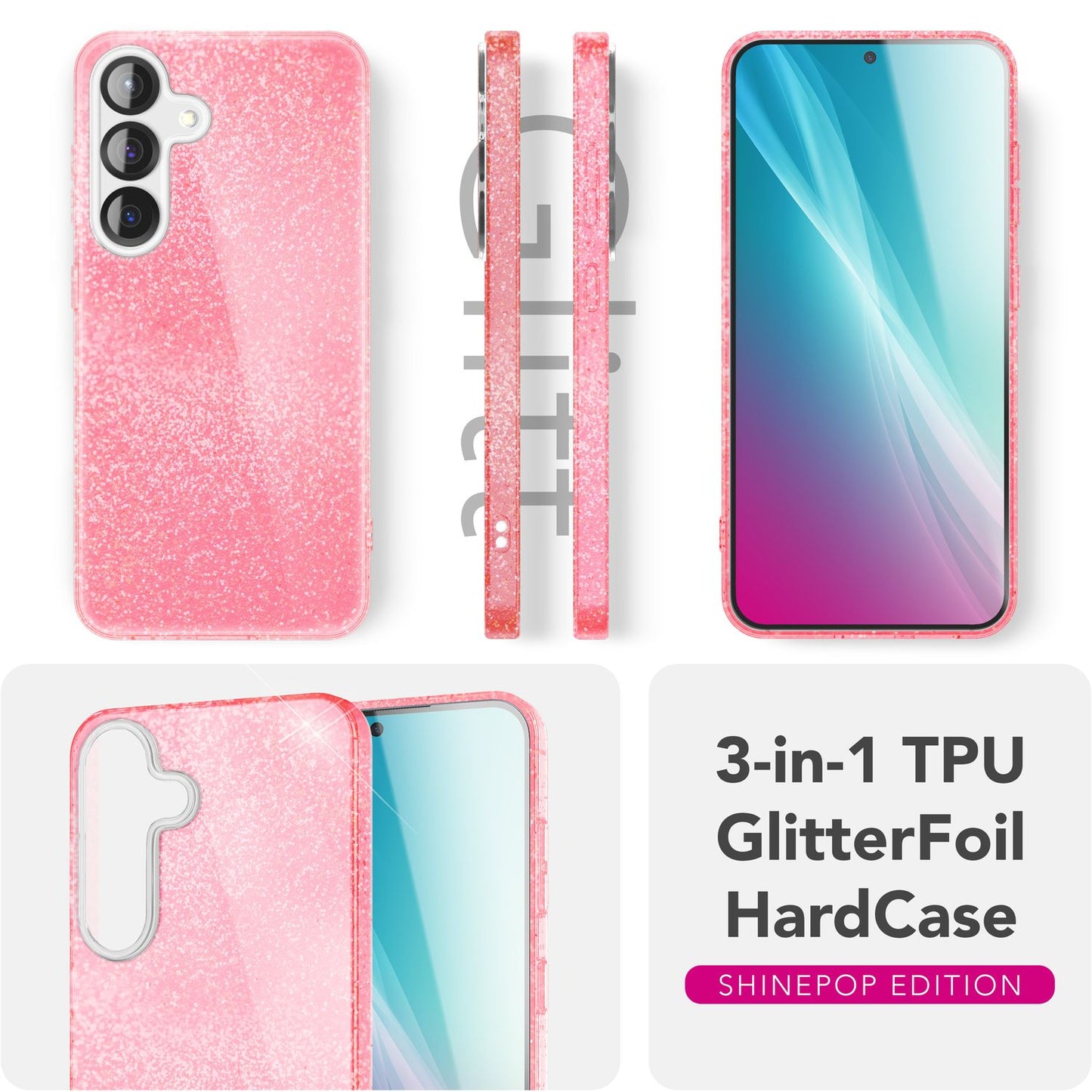 NALIA Glitzerhülle für Samsung Galaxy S25 Plus – Funkelnder Glitzer-Look & Grip – SHINEPOP (Silikon Case) – Marke aus Berlin