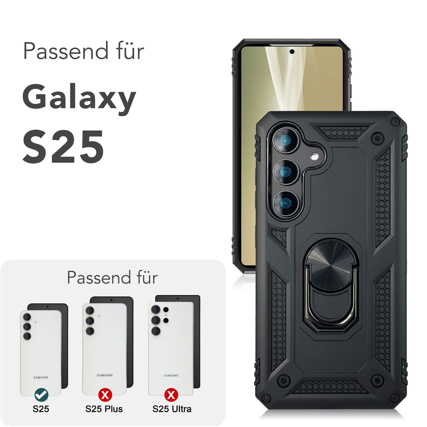 NALIA Panzerhülle für Samsung Galaxy S25 – Ring-Ständer 360° & Magnet-Halterung Kompatibel – RINGDEFEND (Stoßfestes Outdoor Case) – Marke aus Berlin