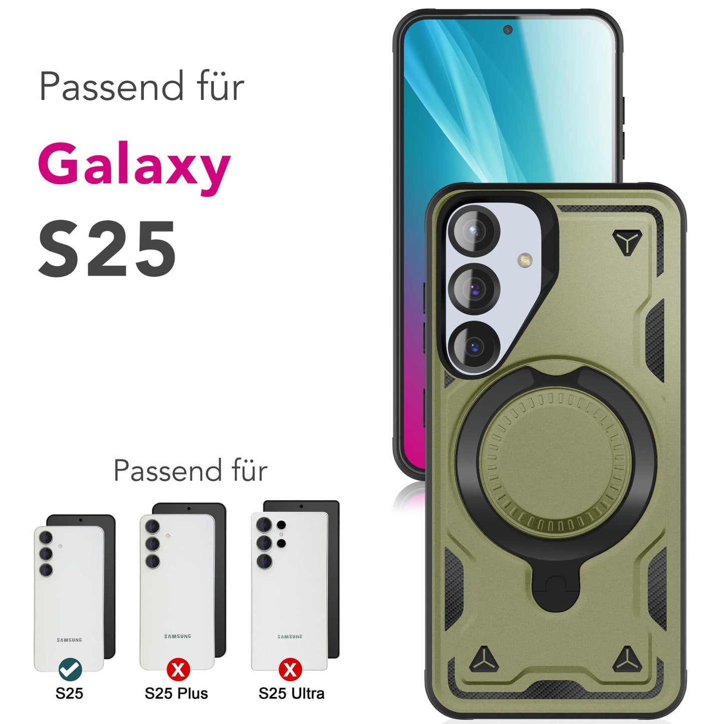 NALIA Magnetische Panzerhülle für Samsung Galaxy S25 – Ring-Halterung 360° & MagSafe kompatibel – STORMGUARD (Outdoor Case) – Marke aus Berlin