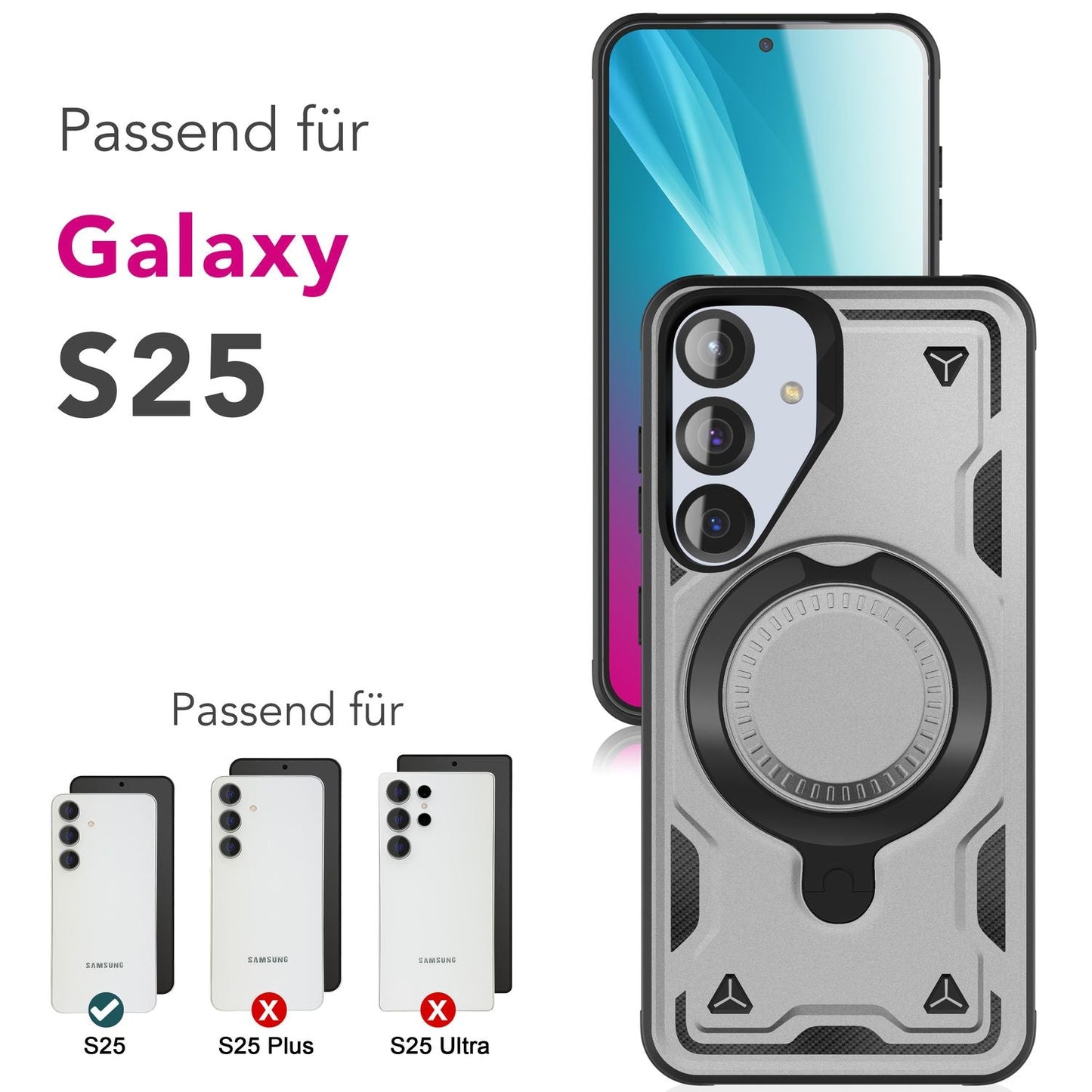 NALIA Magnetische Panzerhülle für Samsung Galaxy S25 – Ring-Halterung 360° & MagSafe kompatibel – STORMGUARD (Outdoor Case) – Marke aus Berlin