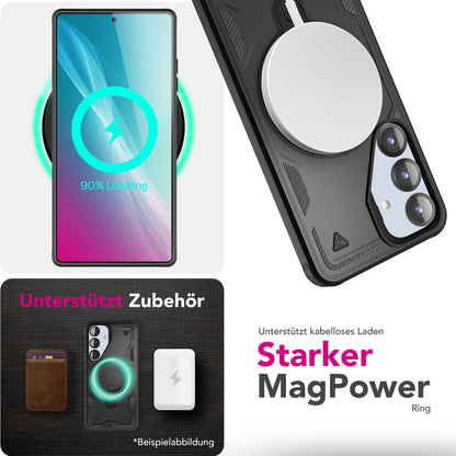 NALIA Magnetische Panzerhülle für Samsung Galaxy S25 Plus – Ring-Halterung 360° & MagSafe kompatibel – STORMGUARD (Outdoor Case) – Marke aus Berlin