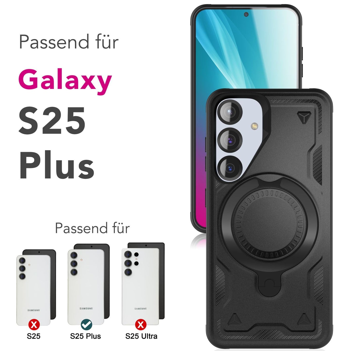 NALIA Magnetische Panzerhülle für Samsung Galaxy S25 Plus – Ring-Halterung 360° & MagSafe kompatibel – STORMGUARD (Outdoor Case) – Marke aus Berlin