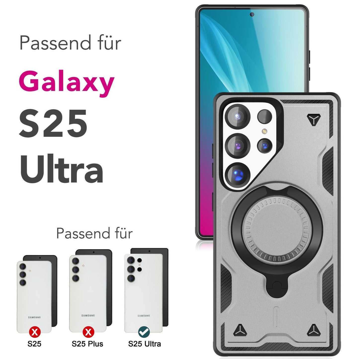 NALIA Magnetische Panzerhülle für Samsung Galaxy S25 Ultra – Ring-Halterung 360° & MagSafe kompatibel – STORMGUARD (Outdoor Case) – Marke aus Berlin