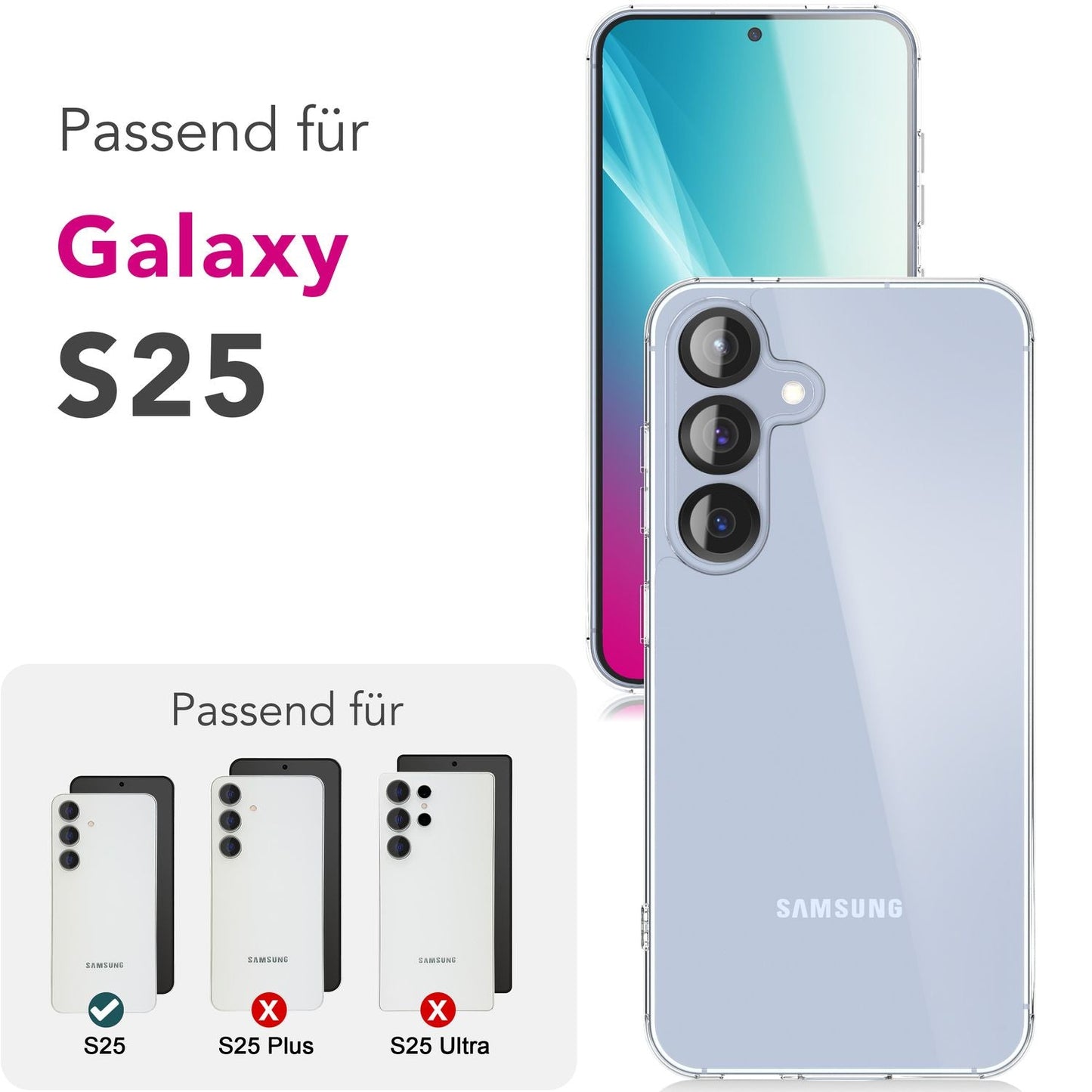 NALIA Transparente Hülle für Samsung Galaxy S25 – Anti-Gelb & Stoßfest – BLYSS (Rückseite in Glas-Optik) – Marke aus Berlin