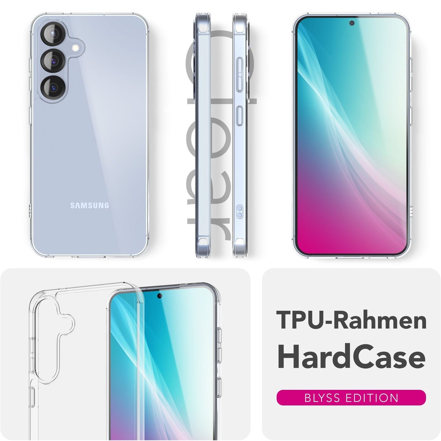 NALIA Transparente Hülle für Samsung Galaxy S25 – Anti-Gelb & Stoßfest – BLYSS (Rückseite in Glas-Optik) – Marke aus Berlin