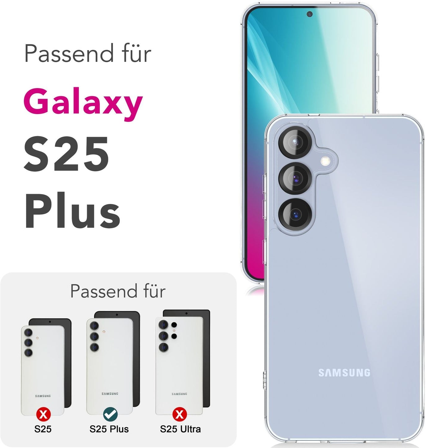 NALIA Transparente Hülle für Samsung Galaxy S25 Plus – Anti-Gelb & Stoßfest – BLYSS (Rückseite in Glas-Optik) – Marke aus Berlin