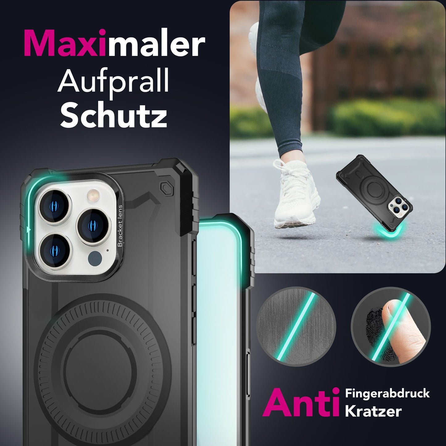 NALIA Magnetische Panzerhülle für iPhone 16 Pro – MagSafe kompatibel & Kamera-Stand – GRANITE (Outdoor Schutzhülle Stoßfest) – Marke aus Berlin