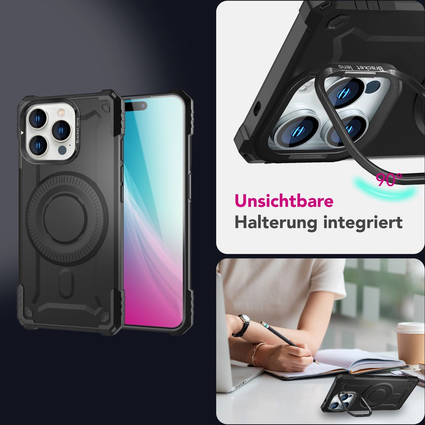 NALIA Magnetische Panzerhülle für iPhone 16 Pro – MagSafe kompatibel & Kamera-Stand – GRANITE (Outdoor Schutzhülle Stoßfest) – Marke aus Berlin