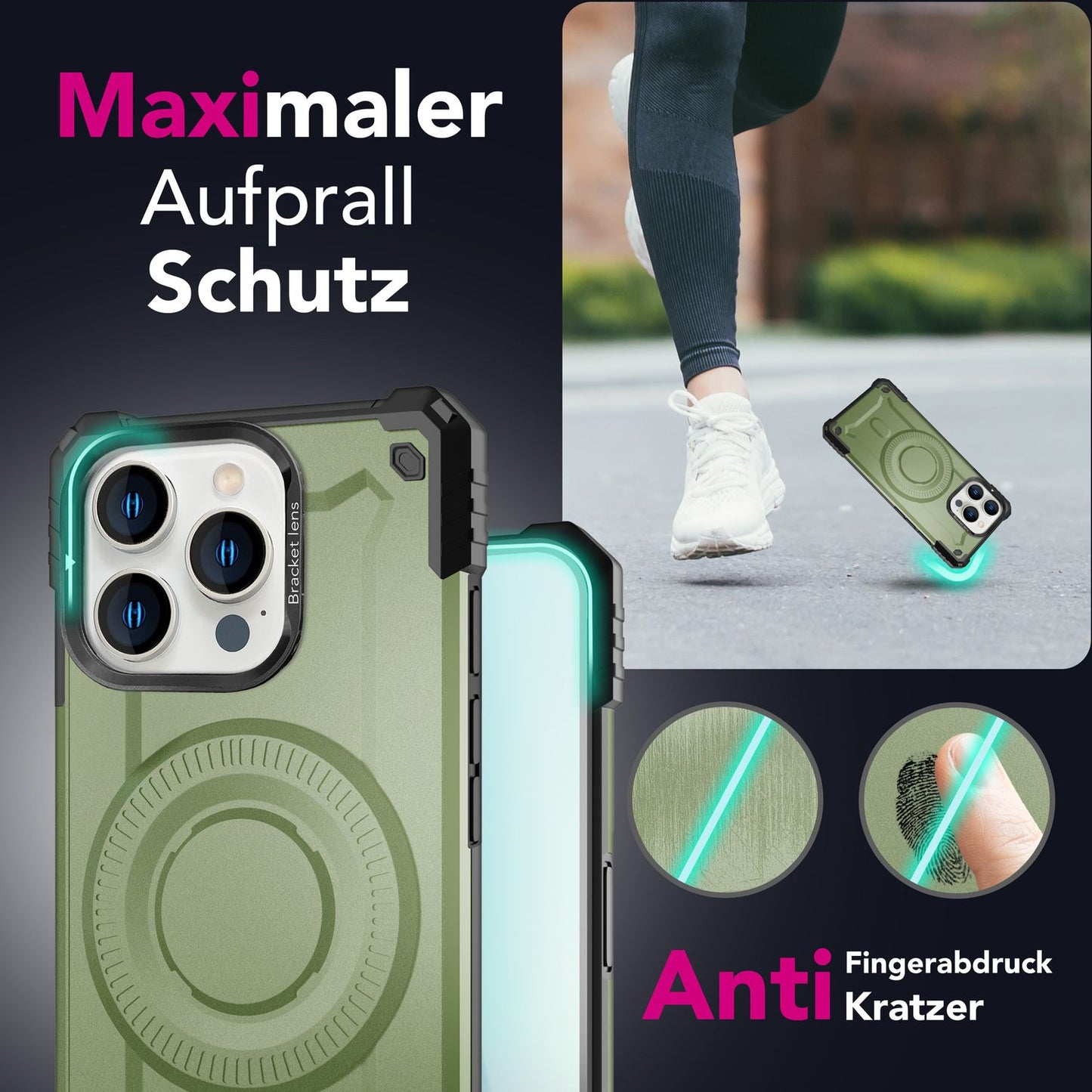 NALIA Magnetische Panzerhülle für iPhone 16 Pro – MagSafe kompatibel & Kamera-Stand – GRANITE (Outdoor Schutzhülle Stoßfest) – Marke aus Berlin