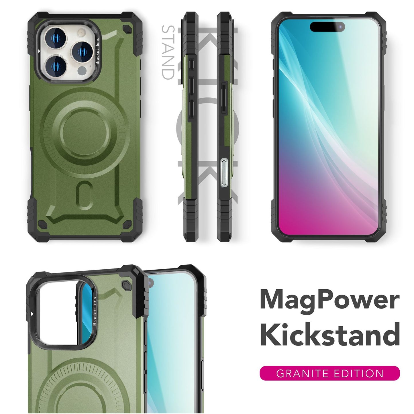 NALIA Magnetische Panzerhülle für iPhone 16 Pro – MagSafe kompatibel & Kamera-Stand – GRANITE (Outdoor Schutzhülle Stoßfest) – Marke aus Berlin