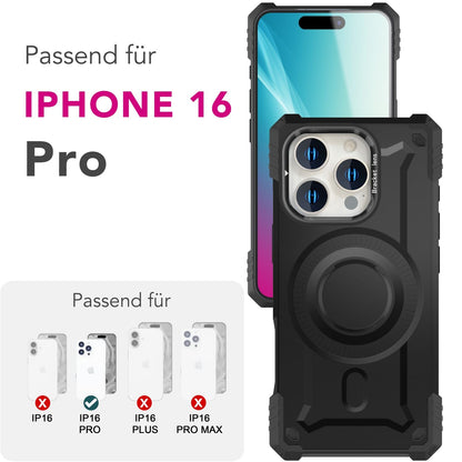 NALIA Magnetische Panzerhülle für iPhone 16 Pro – MagSafe kompatibel & Kamera-Stand – GRANITE (Outdoor Schutzhülle Stoßfest) – Marke aus Berlin