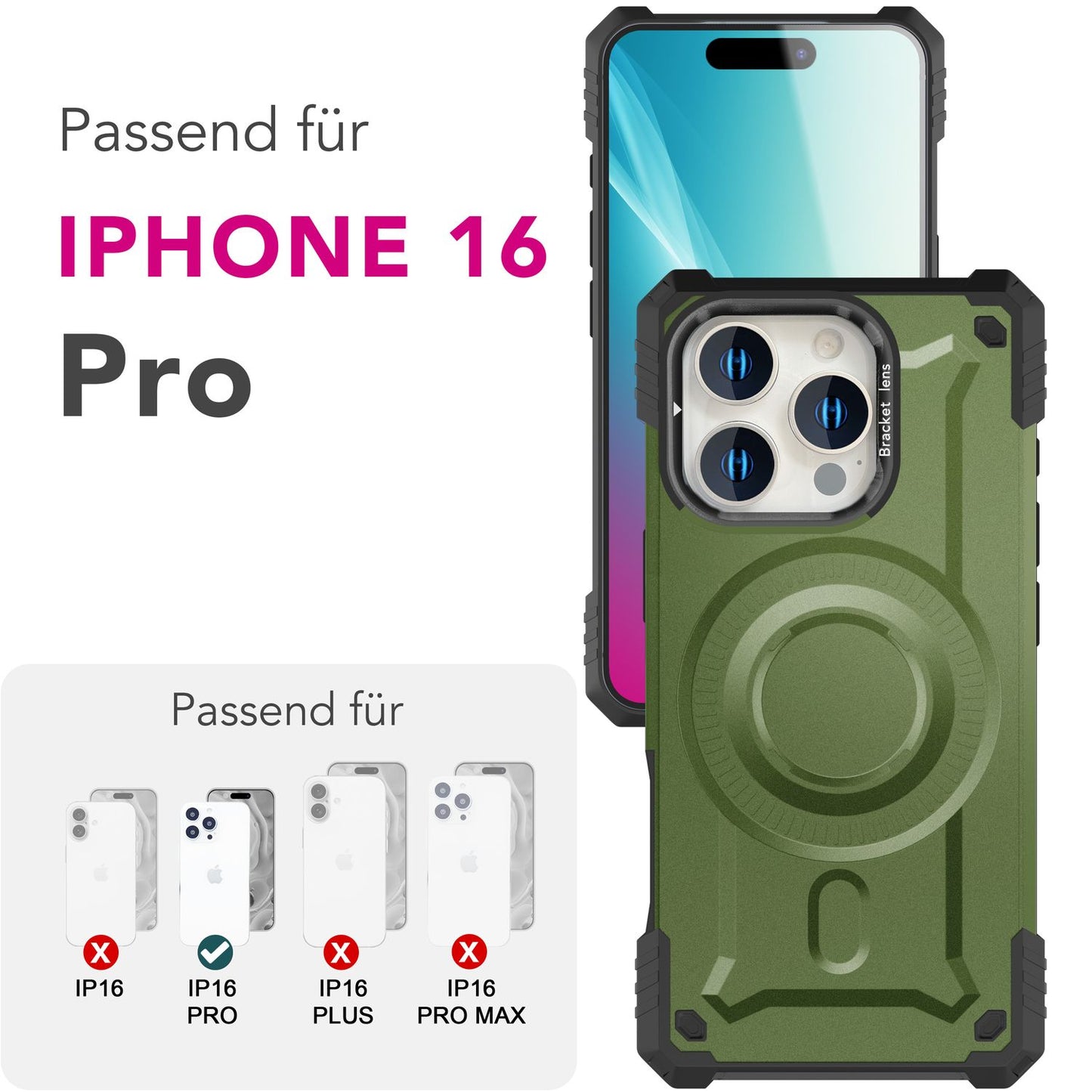 NALIA Magnetische Panzerhülle für iPhone 16 Pro – MagSafe kompatibel & Kamera-Stand – GRANITE (Outdoor Schutzhülle Stoßfest) – Marke aus Berlin