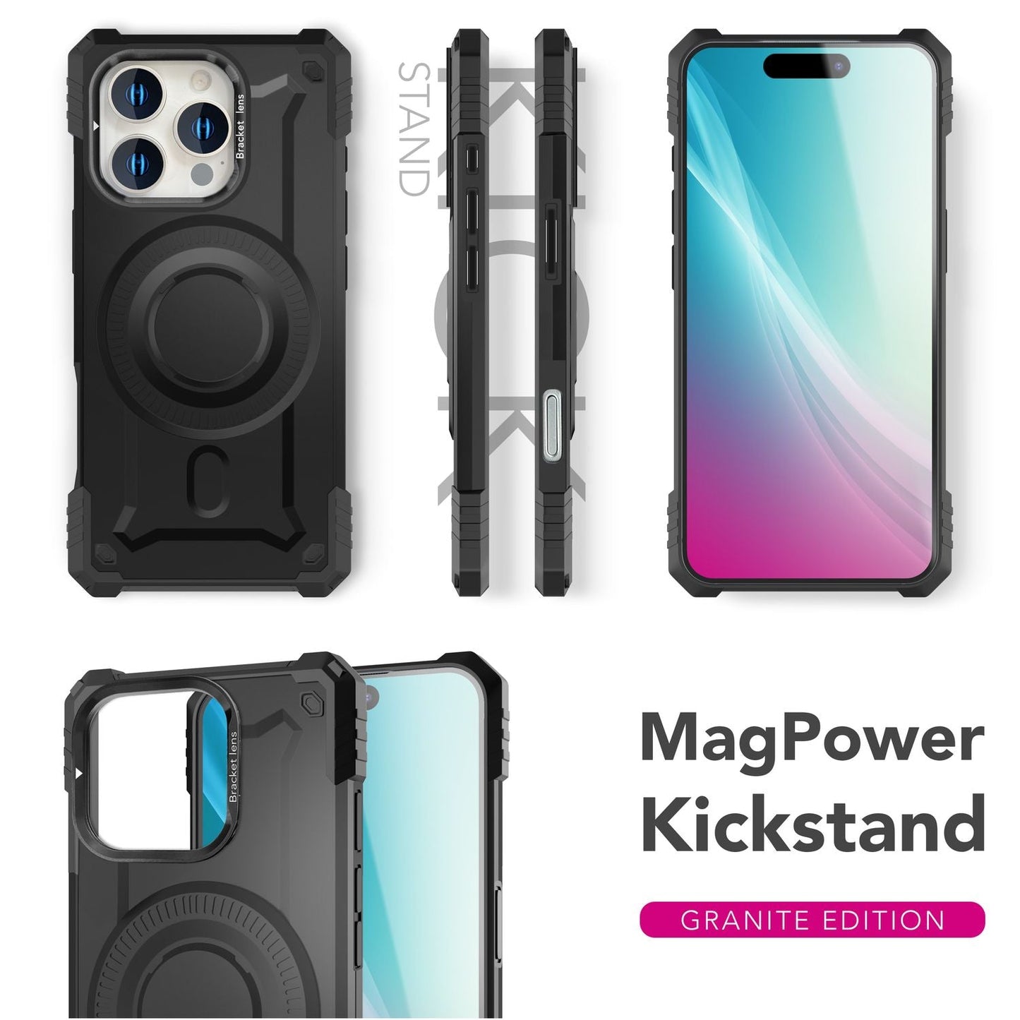 NALIA Magnetische Panzerhülle für iPhone 16 Pro Max – MagSafe kompatibel & Kamera-Stand – GRANITE (Outdoor Schutzhülle Stoßfest) – Marke aus Berlin