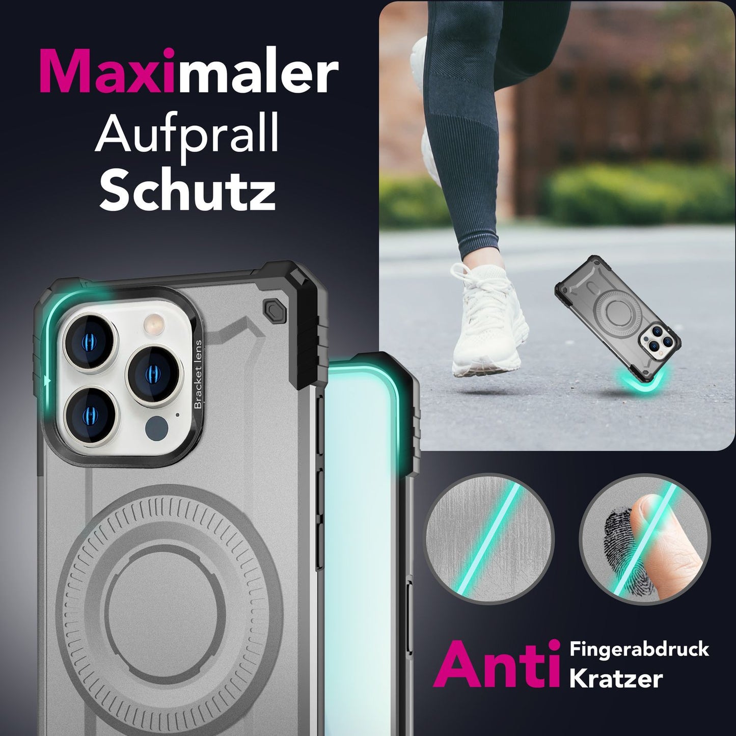 NALIA Magnetische Panzerhülle für iPhone 16 Pro Max – MagSafe kompatibel & Kamera-Stand – GRANITE (Outdoor Schutzhülle Stoßfest) – Marke aus Berlin