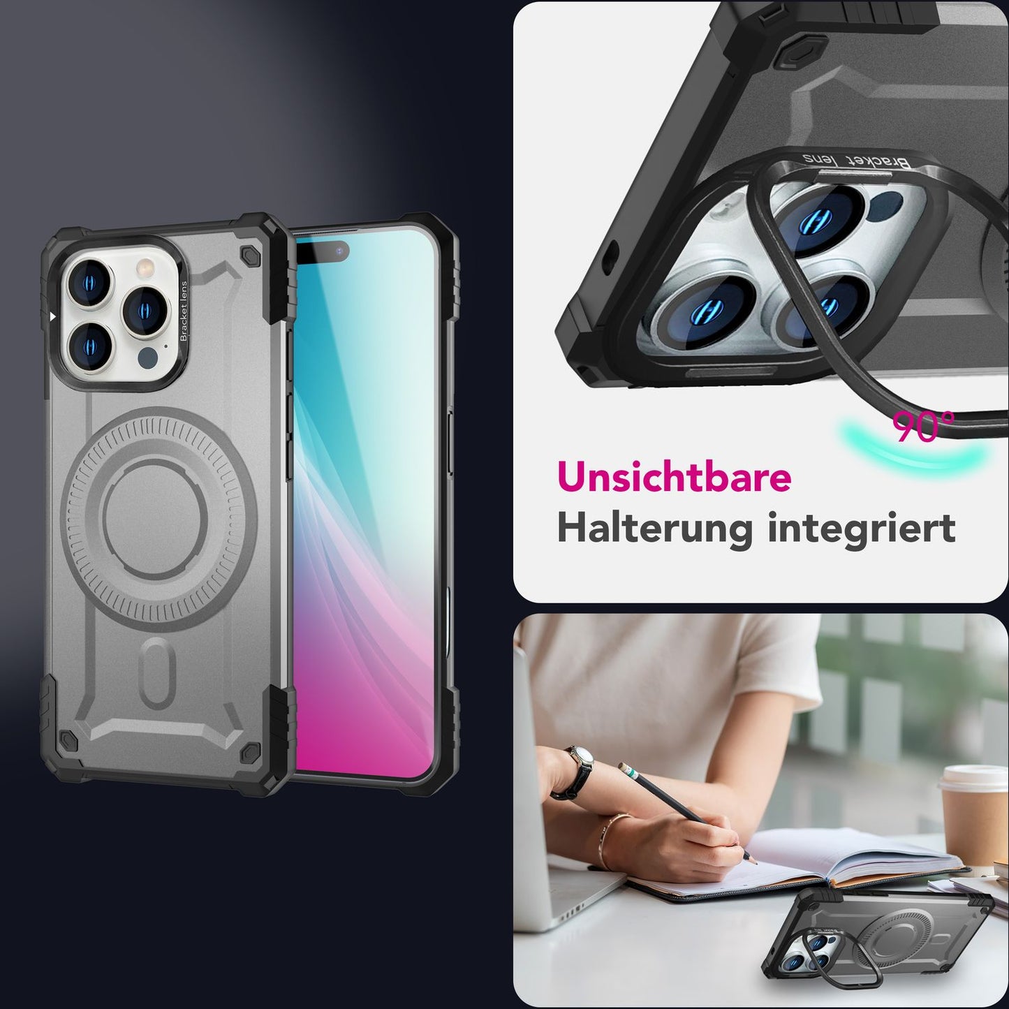 NALIA Magnetische Panzerhülle für iPhone 16 Pro Max – MagSafe kompatibel & Kamera-Stand – GRANITE (Outdoor Schutzhülle Stoßfest) – Marke aus Berlin