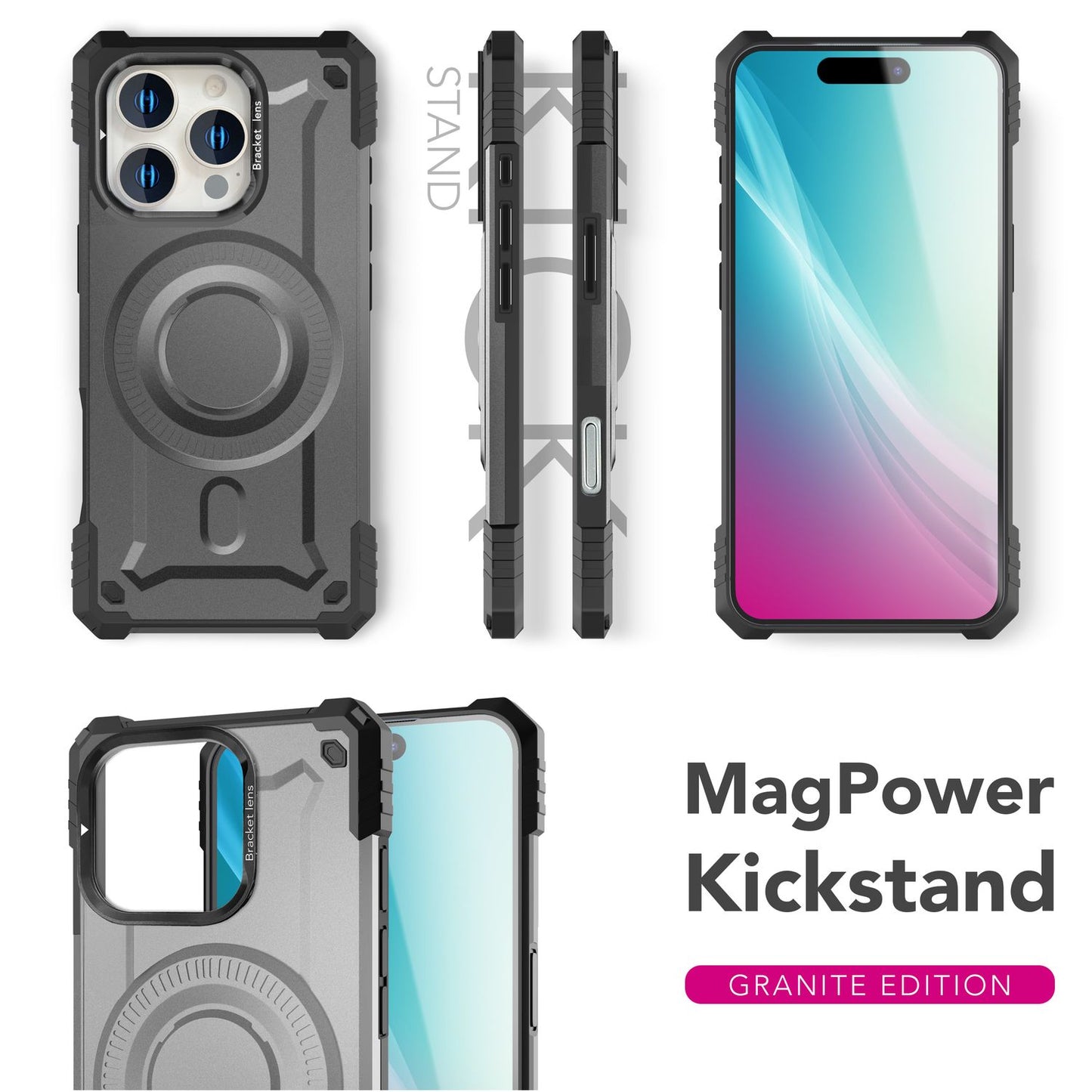 NALIA Magnetische Panzerhülle für iPhone 16 Pro Max – MagSafe kompatibel & Kamera-Stand – GRANITE (Outdoor Schutzhülle Stoßfest) – Marke aus Berlin