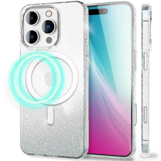 NALIA Glitzerhülle für iPhone 16 Pro – MagSafe kompatibel & Funkelnd – STARLITE (Klares Hybrid-Case mit Silikon-Rahmen & Anti-Gelb Rückseite) – Marke aus Berlin