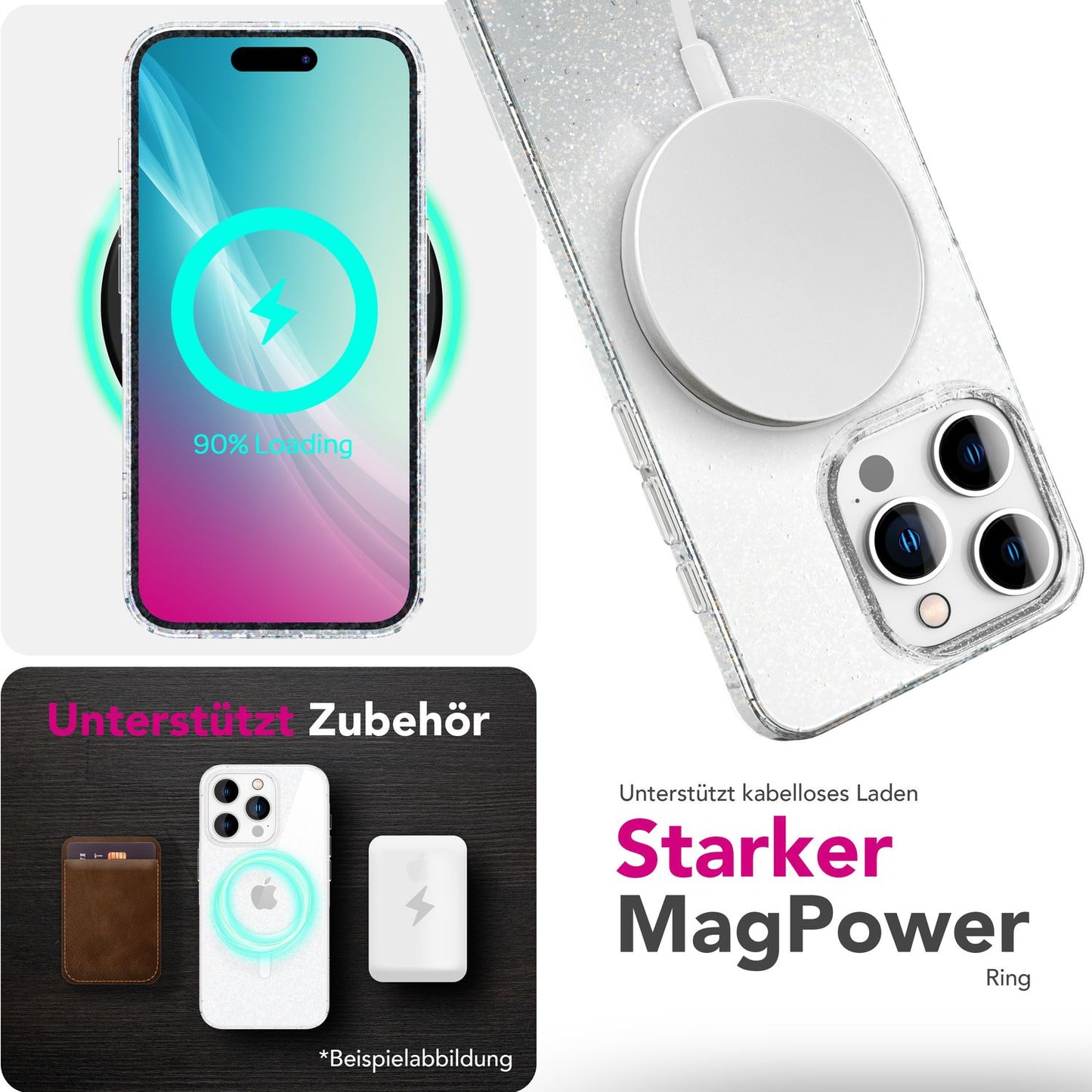 NALIA Glitzerhülle für iPhone 16 Pro – MagSafe kompatibel & Funkelnd – STARLITE (Klares Hybrid-Case mit Silikon-Rahmen & Anti-Gelb Rückseite) – Marke aus Berlin