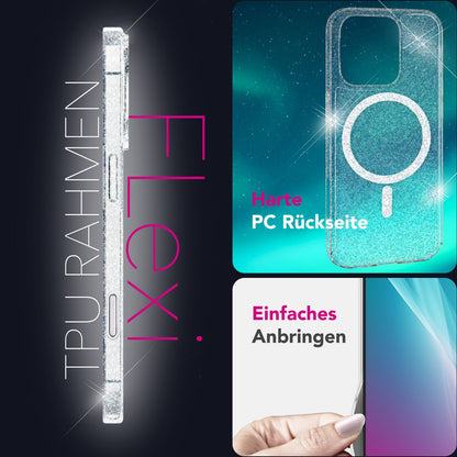NALIA Glitzerhülle für iPhone 16 Pro – MagSafe kompatibel & Funkelnd – STARLITE (Klares Hybrid-Case mit Silikon-Rahmen & Anti-Gelb Rückseite) – Marke aus Berlin