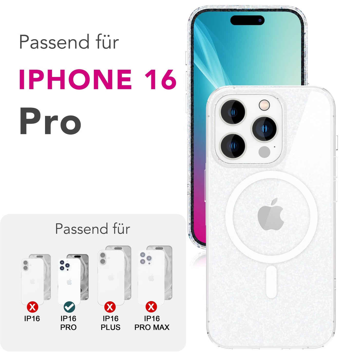 NALIA Glitzerhülle für iPhone 16 Pro – MagSafe kompatibel & Funkelnd – STARLITE (Klares Hybrid-Case mit Silikon-Rahmen & Anti-Gelb Rückseite) – Marke aus Berlin