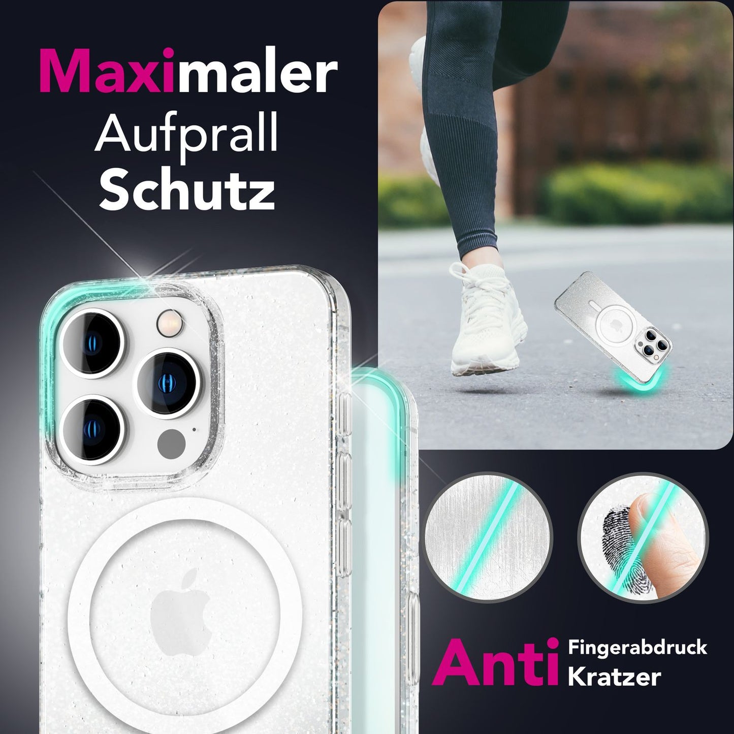 NALIA Glitzerhülle für iPhone 16 Pro Max – MagSafe kompatibel & Funkelnd – STARLITE (Klares Hybrid-Case mit Silikon-Rahmen & Anti-Gelb Rückseite) – Marke aus Berlin