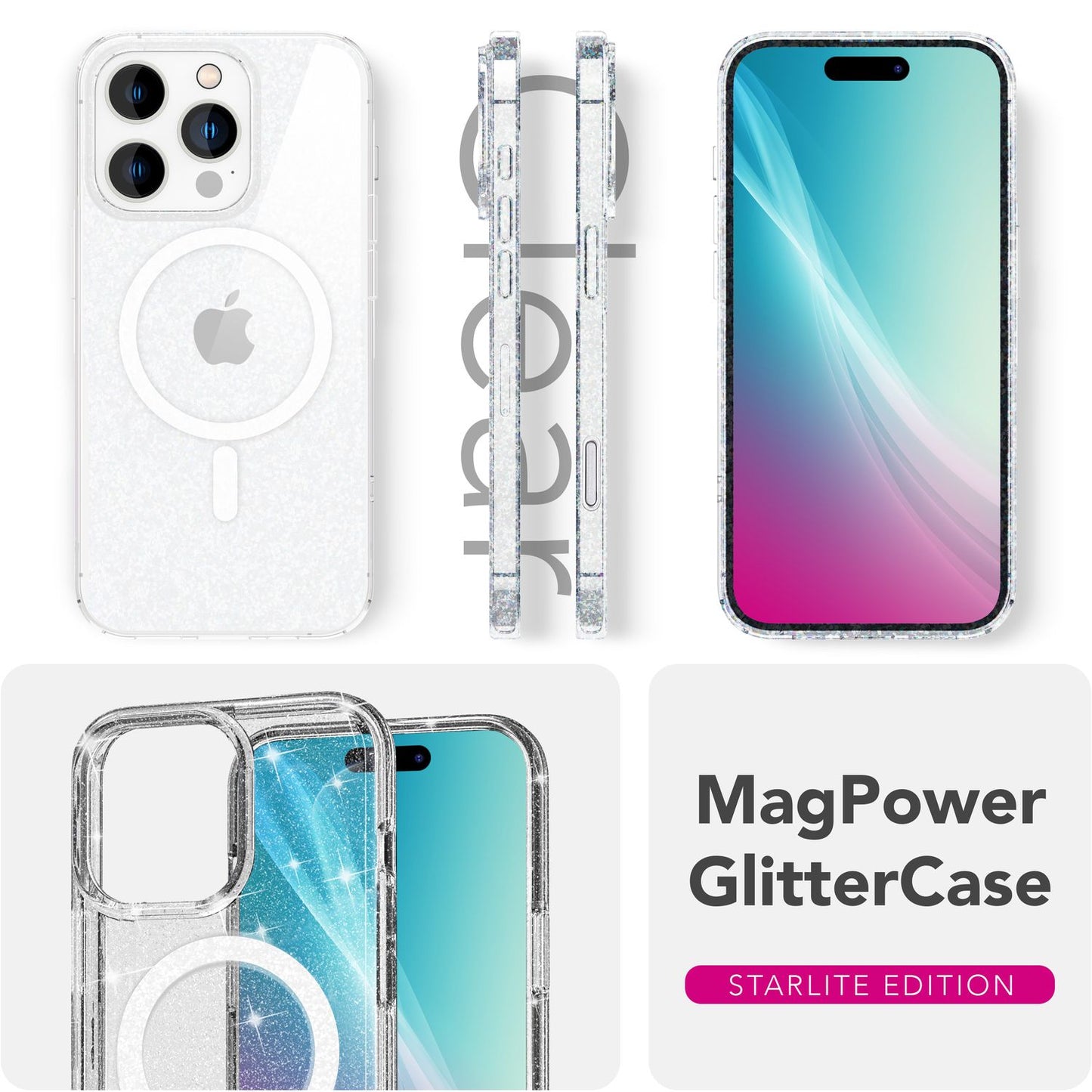NALIA Glitzerhülle für iPhone 16 Pro Max – MagSafe kompatibel & Funkelnd – STARLITE (Klares Hybrid-Case mit Silikon-Rahmen & Anti-Gelb Rückseite) – Marke aus Berlin