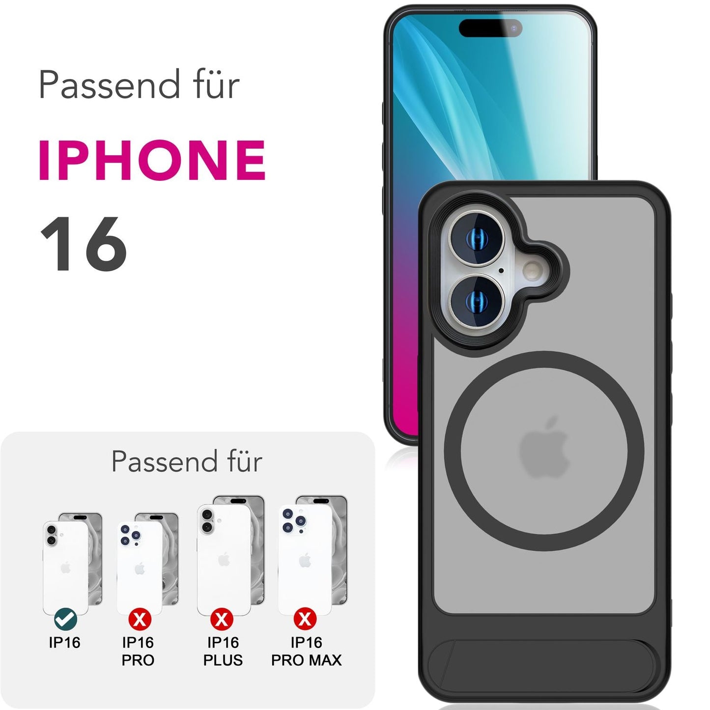 NALIA Magnet-Case für iPhone 16 – Klappständer & Kameraschutz – TRITON (Matt-Transparent & Hybrid-Schutz) – Marke aus Berlin