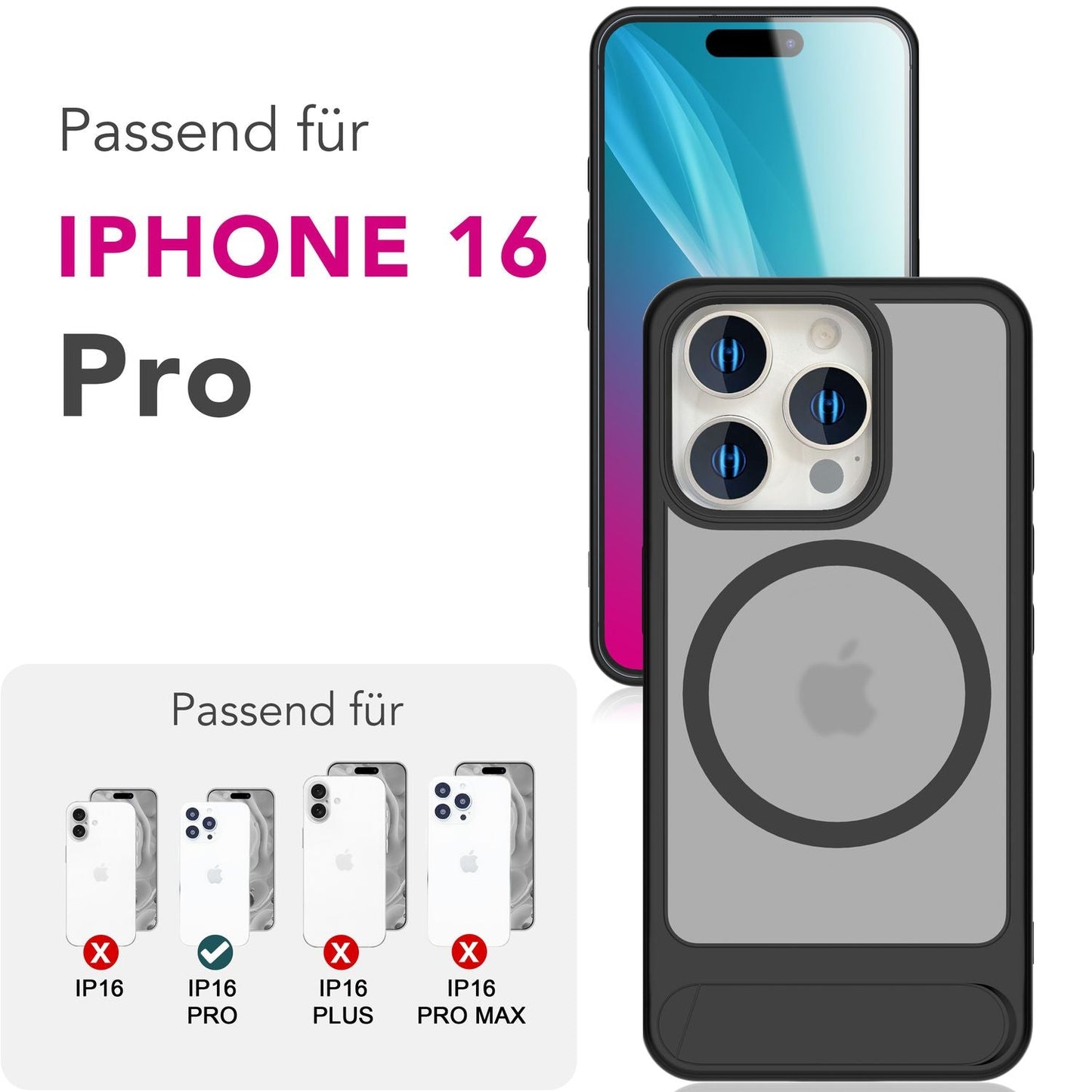 NALIA Magnet-Case für iPhone 16 Pro – Klappständer & Kameraschutz – TRITON (Matt-Transparent & Hybrid-Schutz) – Marke aus Berlin