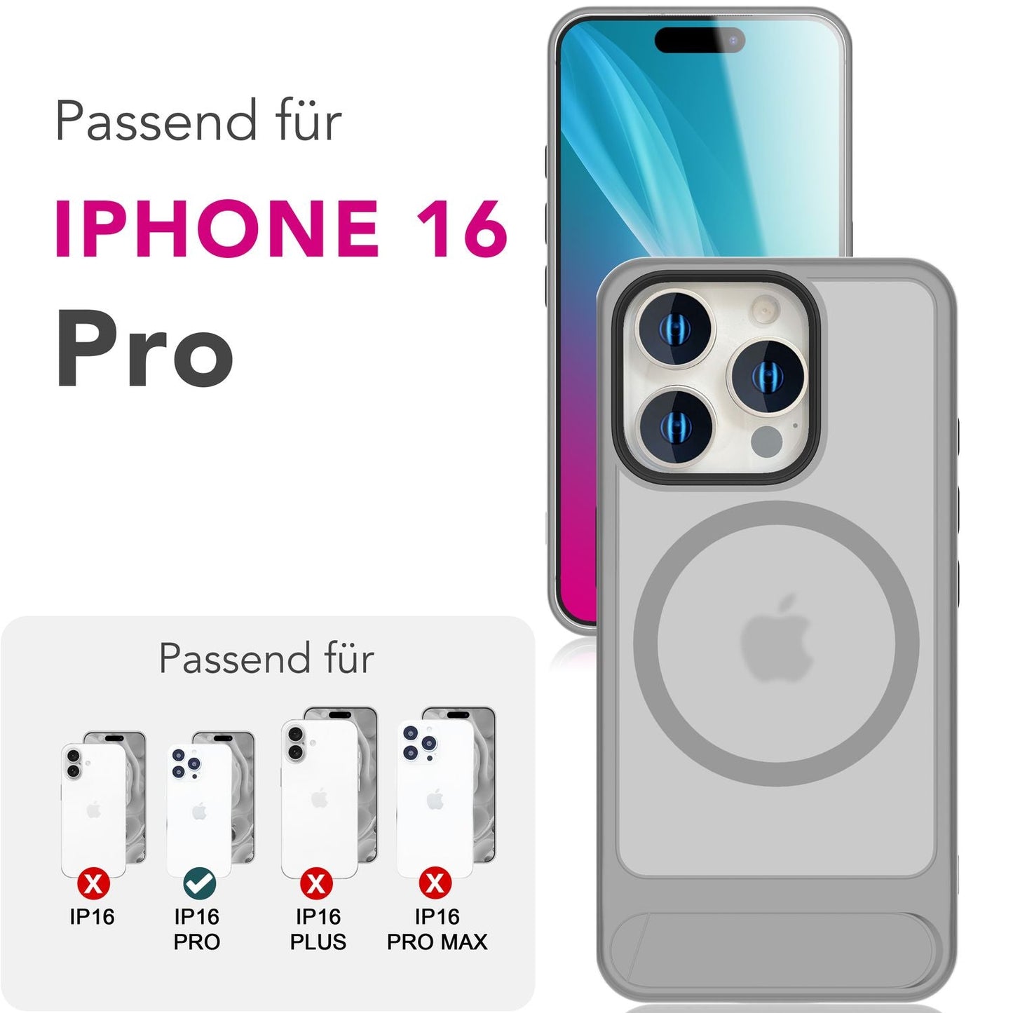 NALIA Magnet-Case für iPhone 16 Pro – Klappständer & Kameraschutz – TRITON (Matt-Transparent & Hybrid-Schutz) – Marke aus Berlin