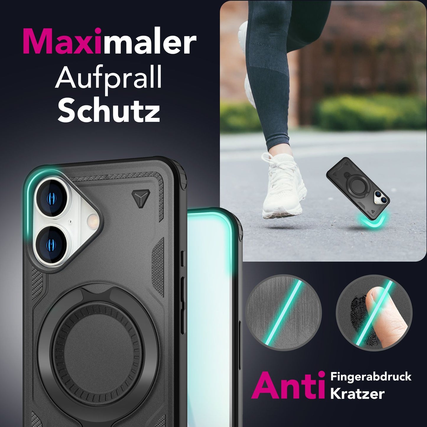 NALIA Magnetische Panzerhülle für iPhone 16 – Ring-Halterung 360° & MagSafe kompatibel – STORMGUARD (Outdoor Case) – Marke aus Berlin
