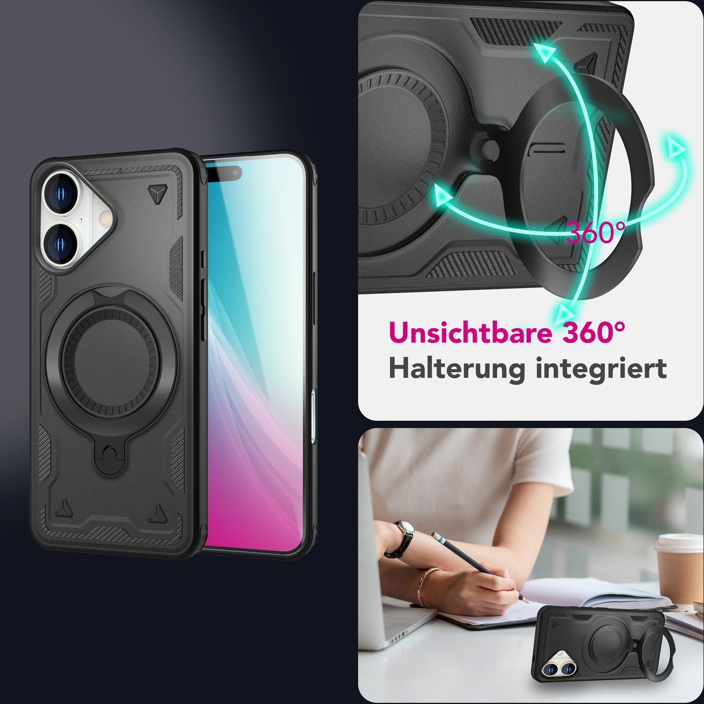 NALIA Magnetische Panzerhülle für iPhone 16 – Ring-Halterung 360° & MagSafe kompatibel – STORMGUARD (Outdoor Case) – Marke aus Berlin