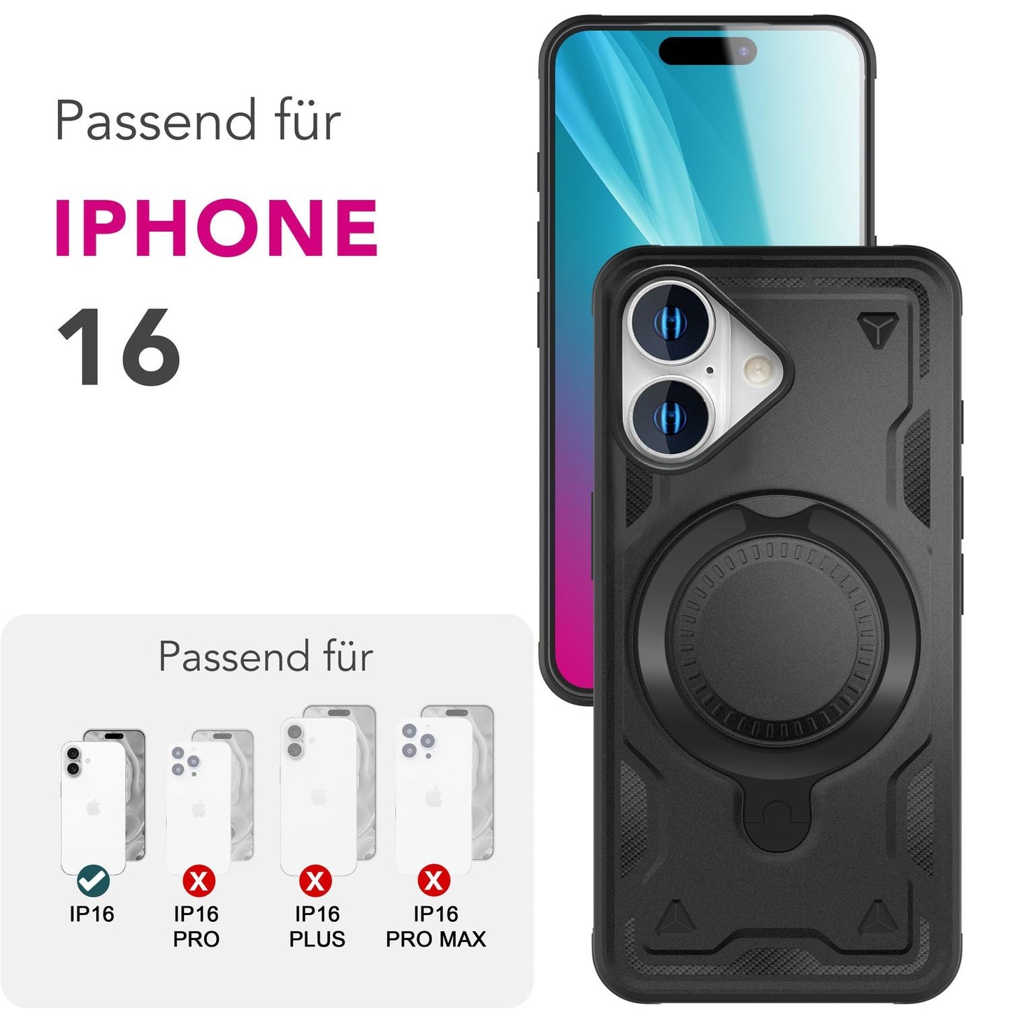 NALIA Magnetische Panzerhülle für iPhone 16 – Ring-Halterung 360° & MagSafe kompatibel – STORMGUARD (Outdoor Case) – Marke aus Berlin