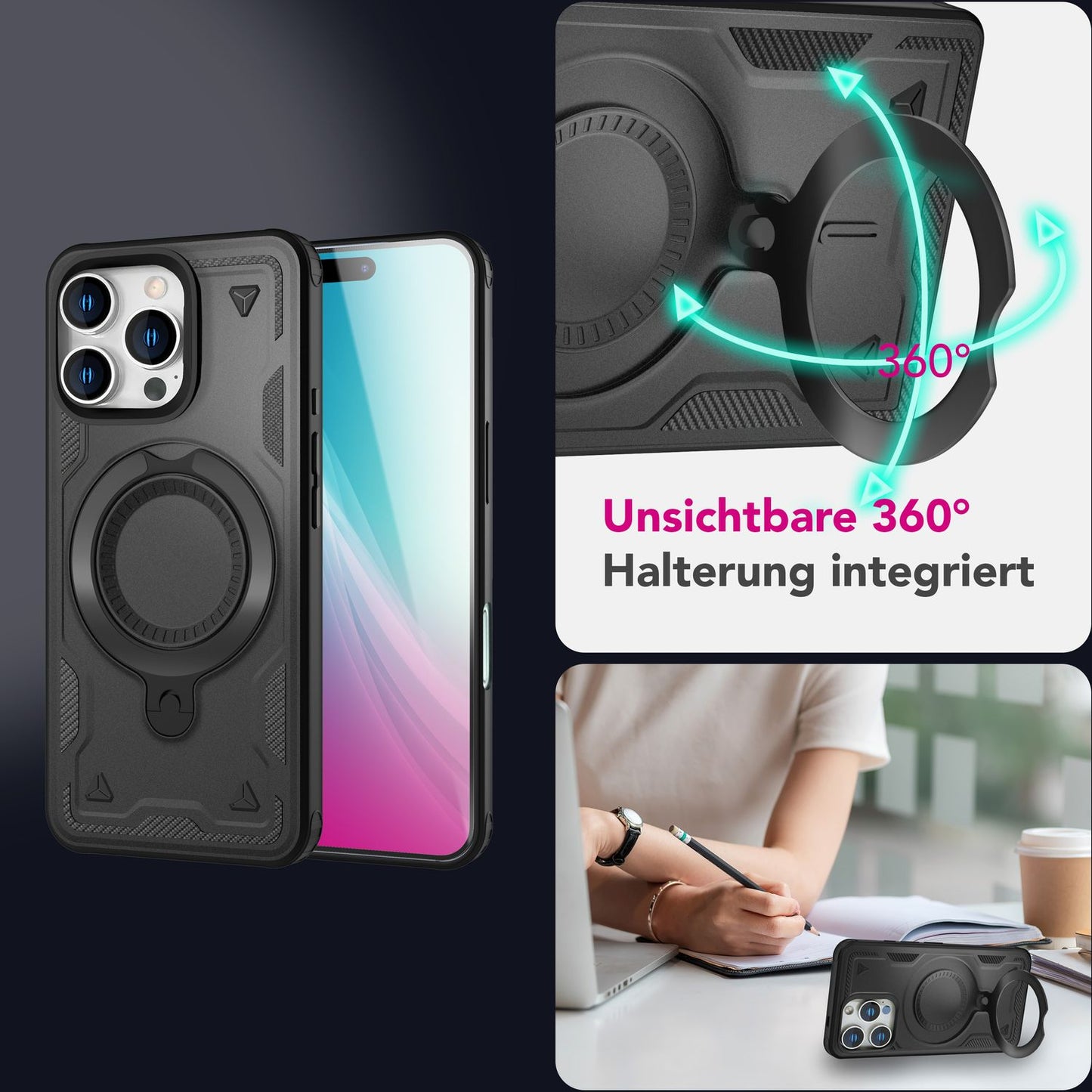 NALIA Magnetische Panzerhülle für iPhone 16 Pro – Ring-Halterung 360° & MagSafe kompatibel – STORMGUARD (Outdoor Case) – Marke aus Berlin