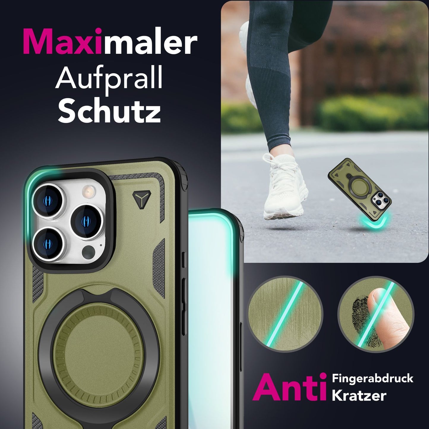 NALIA Magnetische Panzerhülle für iPhone 16 Pro – Ring-Halterung 360° & MagSafe kompatibel – STORMGUARD (Outdoor Case) – Marke aus Berlin