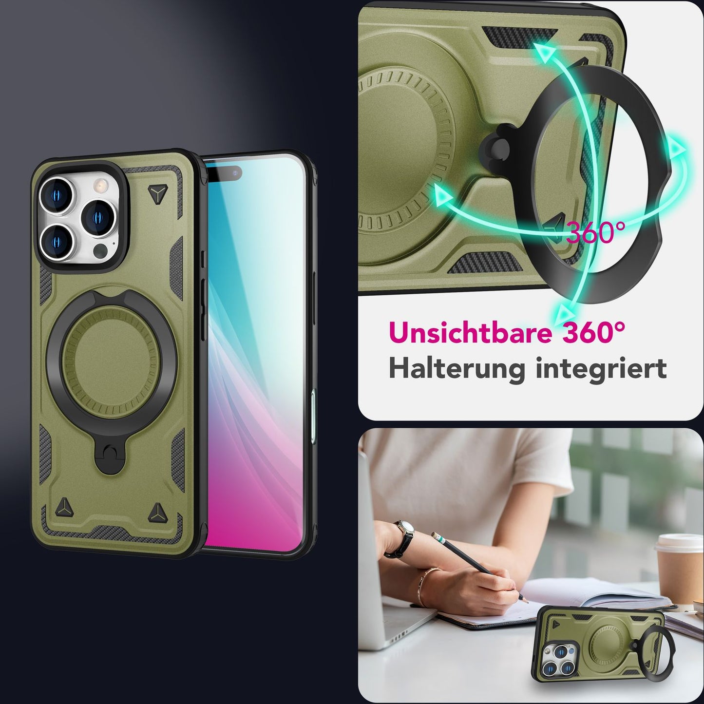 NALIA Magnetische Panzerhülle für iPhone 16 Pro – Ring-Halterung 360° & MagSafe kompatibel – STORMGUARD (Outdoor Case) – Marke aus Berlin