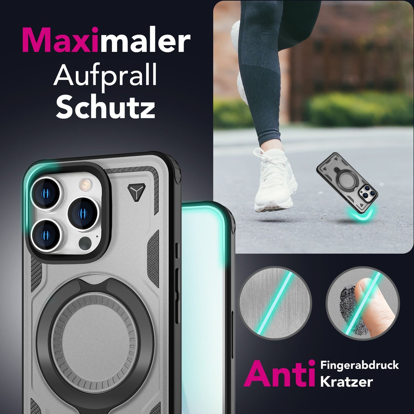 NALIA Magnetische Panzerhülle für iPhone 16 Pro – Ring-Halterung 360° & MagSafe kompatibel – STORMGUARD (Outdoor Case) – Marke aus Berlin