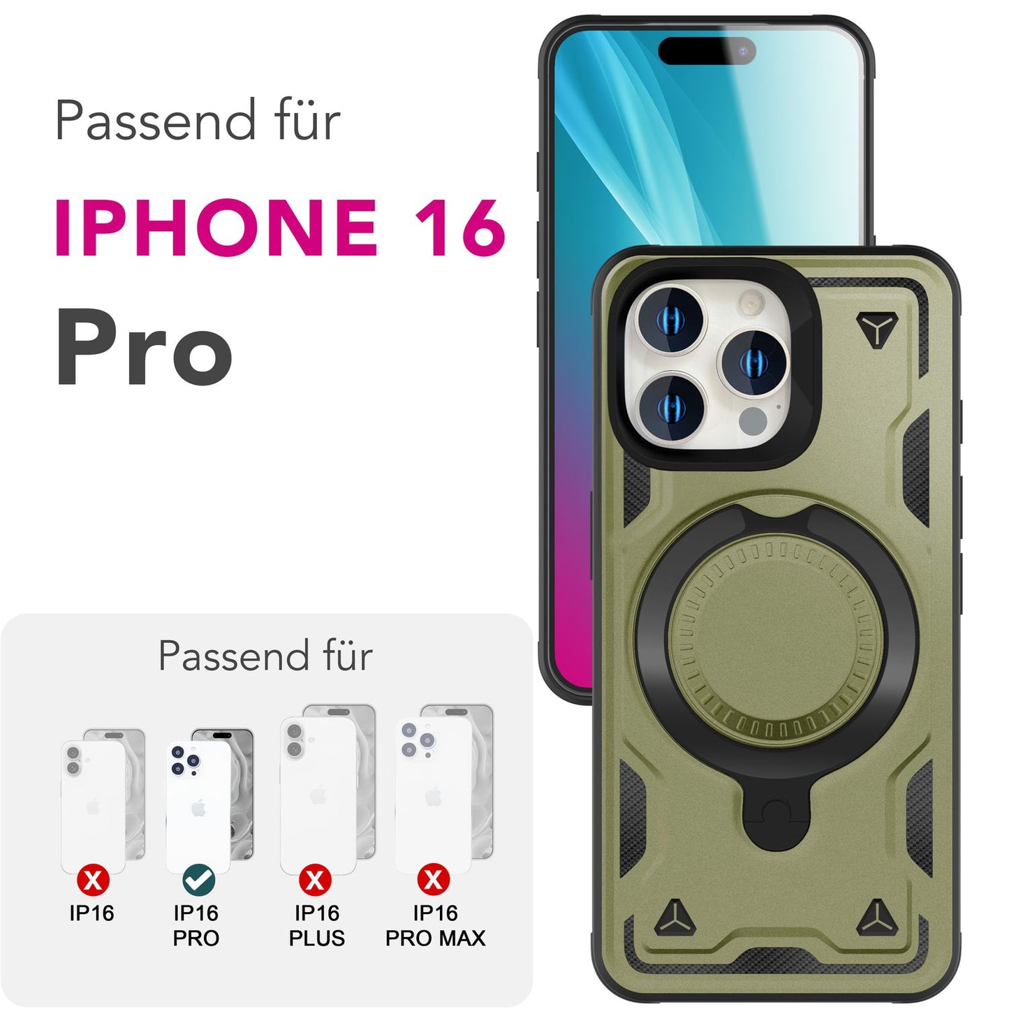 NALIA Magnetische Panzerhülle für iPhone 16 Pro – Ring-Halterung 360° & MagSafe kompatibel – STORMGUARD (Outdoor Case) – Marke aus Berlin