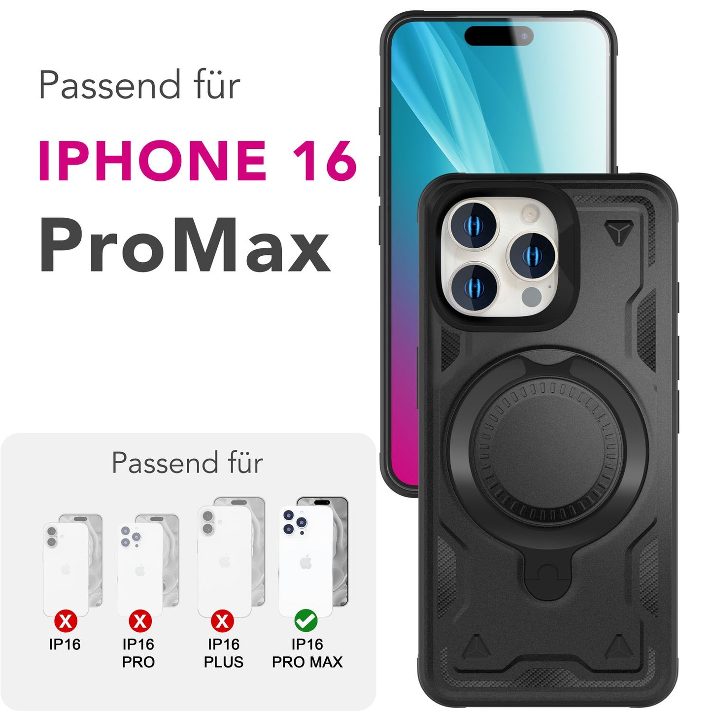 NALIA Magnetische Panzerhülle für iPhone 16 Pro Max – Ring-Halterung 360° & MagSafe kompatibel – STORMGUARD (Outdoor Case) – Marke aus Berlin