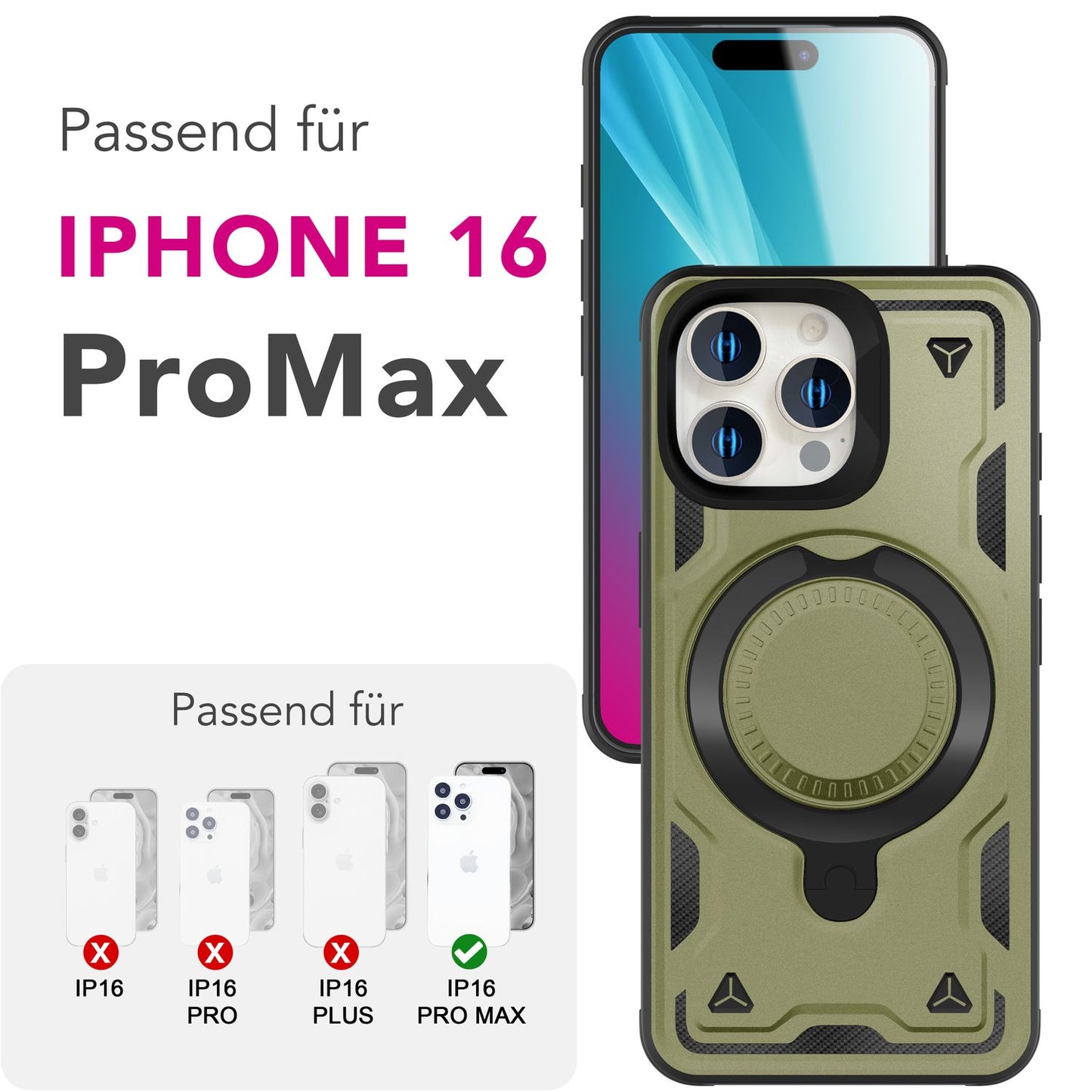 NALIA Magnetische Panzerhülle für iPhone 16 Pro Max – Ring-Halterung 360° & MagSafe kompatibel – STORMGUARD (Outdoor Case) – Marke aus Berlin