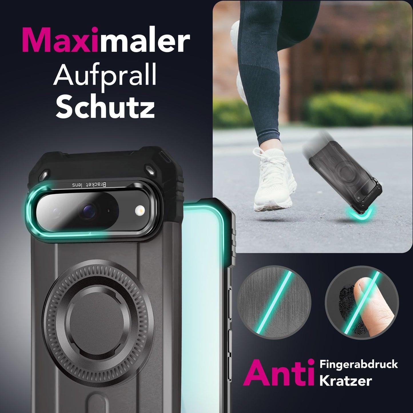 NALIA Magnetische Panzerhülle für Google Pixel 9 – MagSafe kompatibel & Kamera-Stand – GRANITE (Outdoor Schutzhülle Stoßfest) – Marke aus Berlin