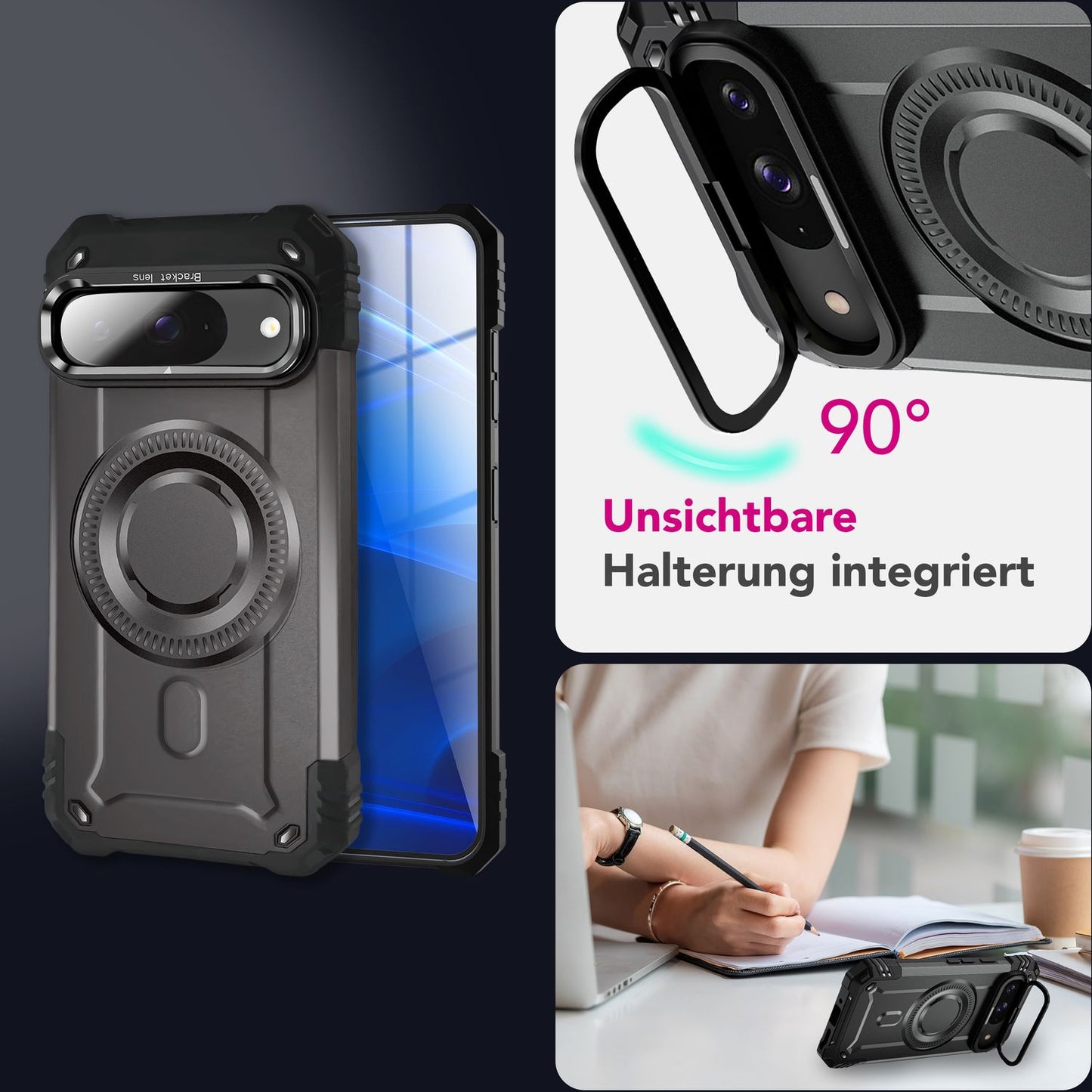 NALIA Magnetische Panzerhülle für Google Pixel 9 – MagSafe kompatibel & Kamera-Stand – GRANITE (Outdoor Schutzhülle Stoßfest) – Marke aus Berlin