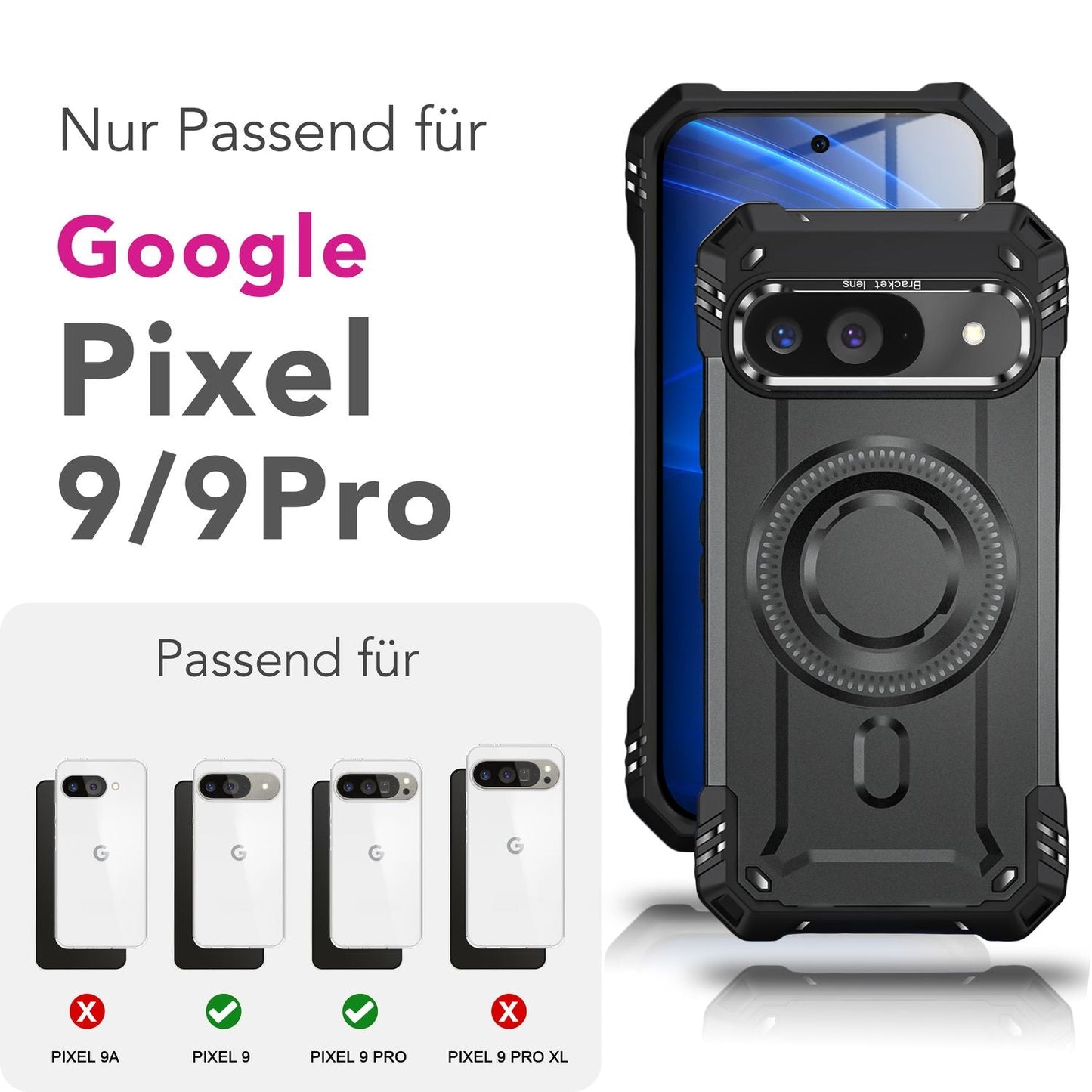 NALIA Magnetische Panzerhülle für Google Pixel 9 – MagSafe kompatibel & Kamera-Stand – GRANITE (Outdoor Schutzhülle Stoßfest) – Marke aus Berlin