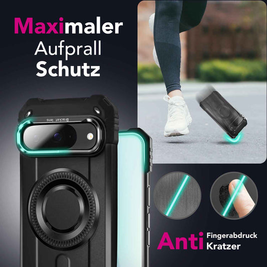 NALIA Magnetische Panzerhülle für Google Pixel 9 – MagSafe kompatibel & Kamera-Stand – GRANITE (Outdoor Schutzhülle Stoßfest) – Marke aus Berlin