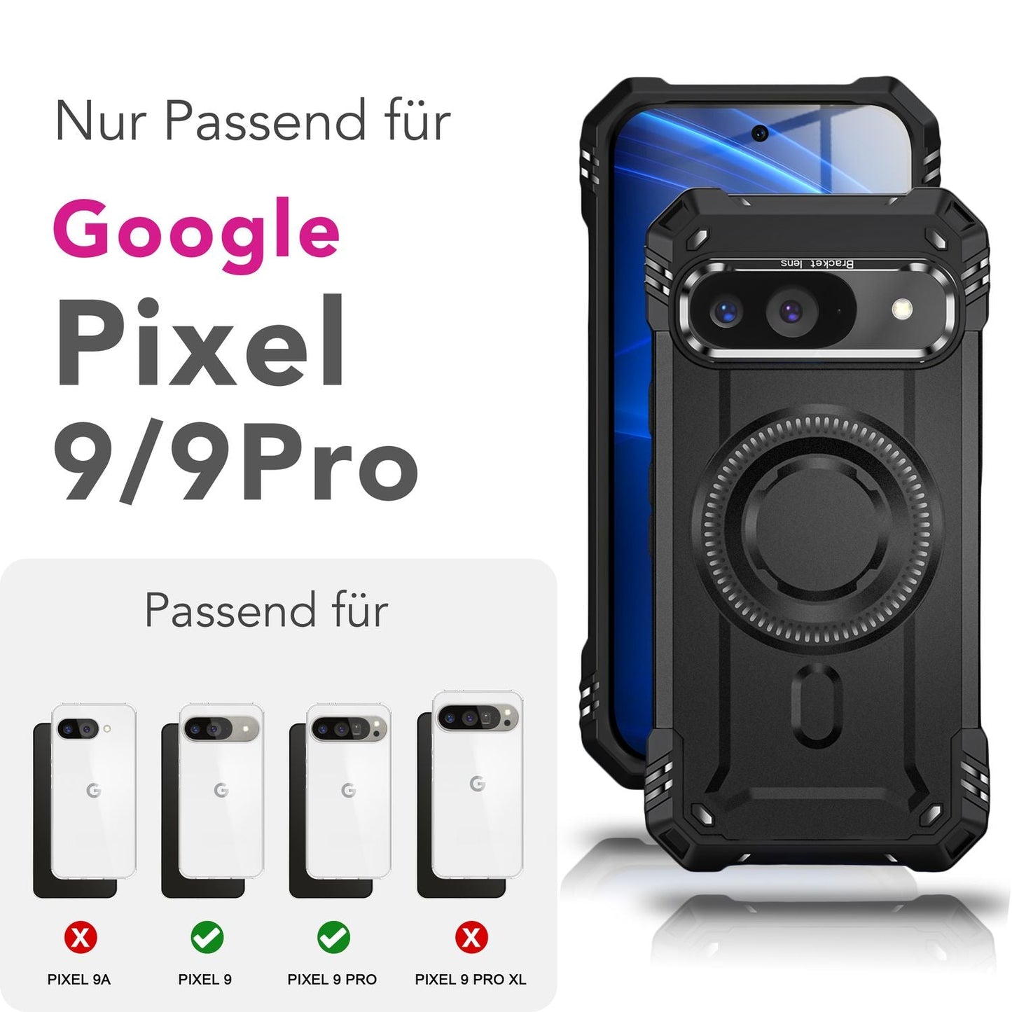 NALIA Magnetische Panzerhülle für Google Pixel 9 – MagSafe kompatibel & Kamera-Stand – GRANITE (Outdoor Schutzhülle Stoßfest) – Marke aus Berlin