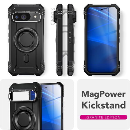 NALIA Magnetische Panzerhülle für Google Pixel 9 – MagSafe kompatibel & Kamera-Stand – GRANITE (Outdoor Schutzhülle Stoßfest) – Marke aus Berlin