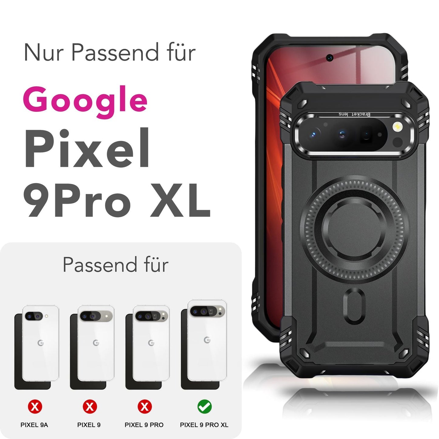 NALIA Magnetische Panzerhülle für Google Pixel 9 Pro XL – MagSafe kompatibel & Kamera-Stand – GRANITE (Outdoor Schutzhülle Stoßfest) – Marke aus Berlin